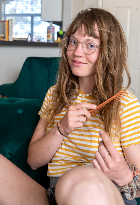 Cute naughty amateur Arie stripping off jean skirt and teasing naked - 2 of 12